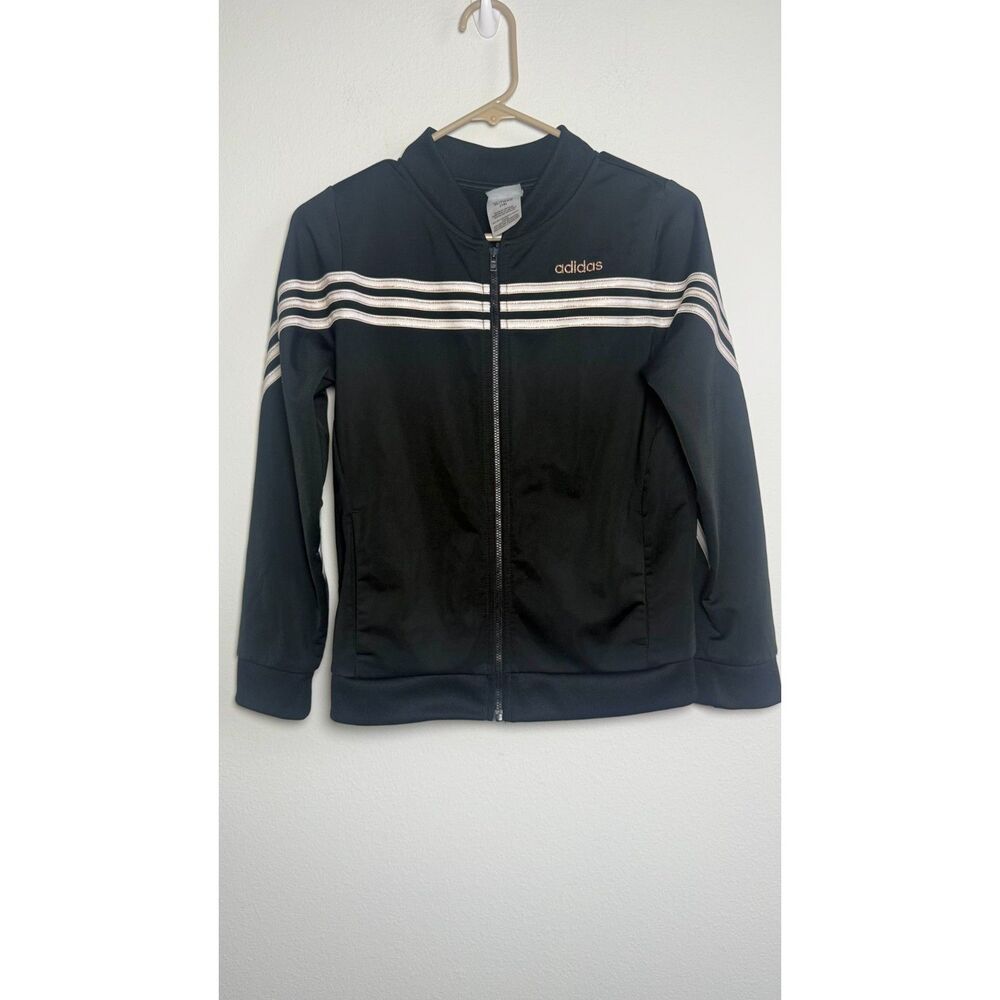 Adidas Girls Youth XL 16 Black 3 Stripe Full Zip Track Jacket White Gold